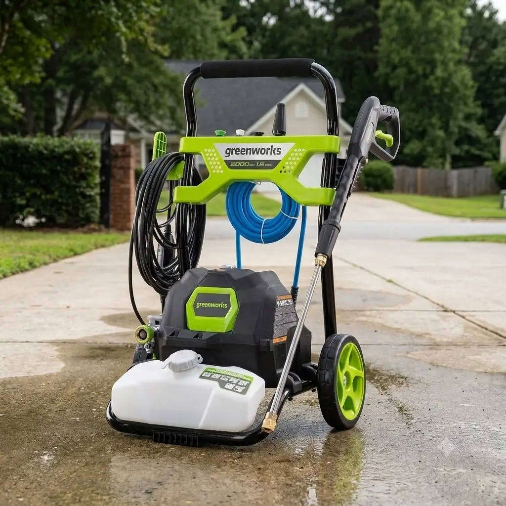 Greenworks 2000 PSI pressure washer pump configuration and mechanical layout