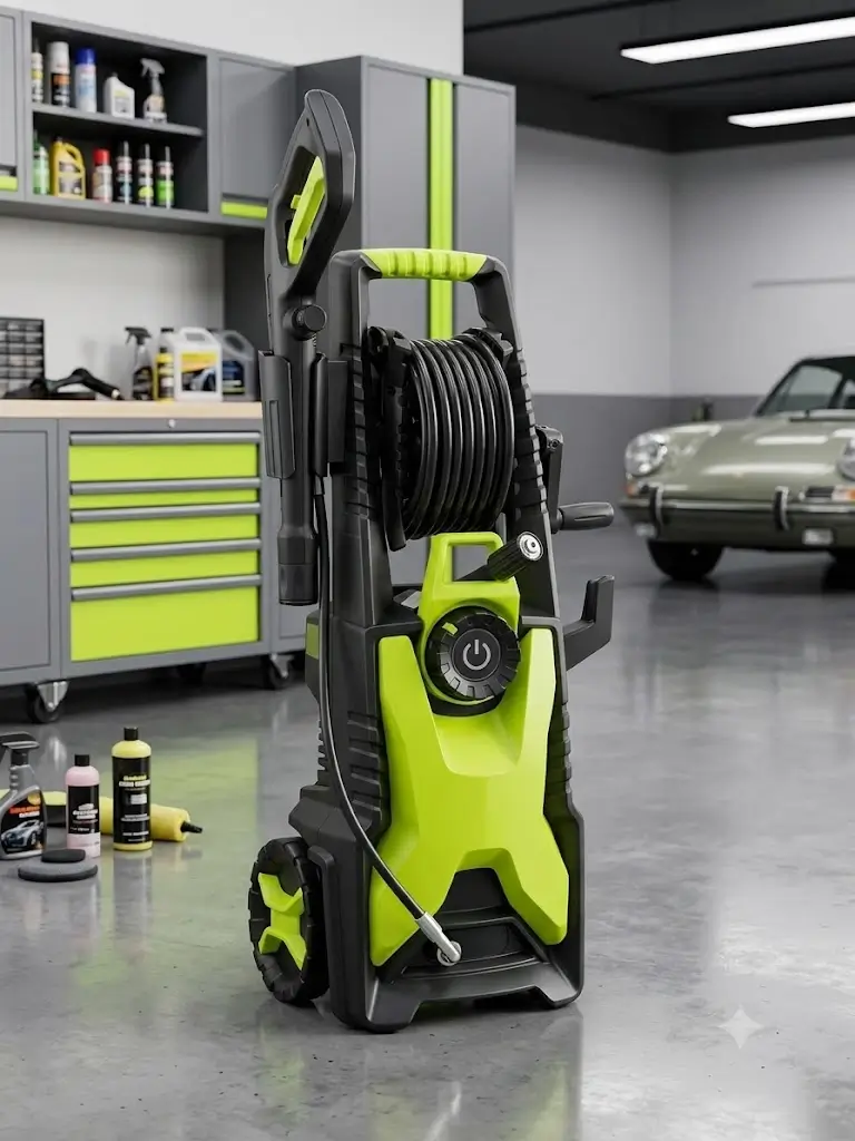 Front profile of Yeryork adjustable pressure washer on driveway connected to test gauges