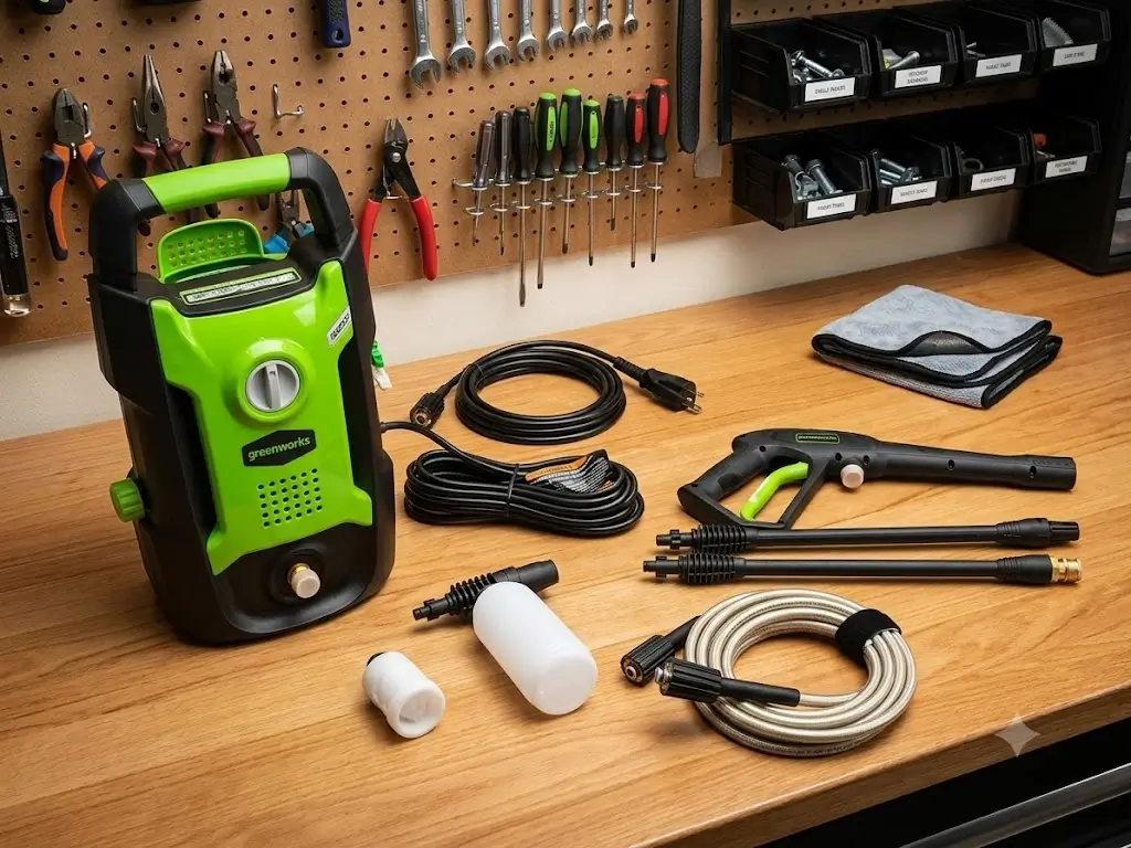 Greenworks 1600 PSI GPW1602 tested on workbench with meter equipment