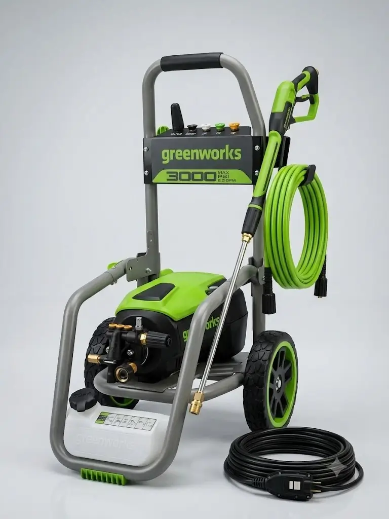 Greenworks Pro 3000 PSI electric pressure washer cleaning concrete driveway