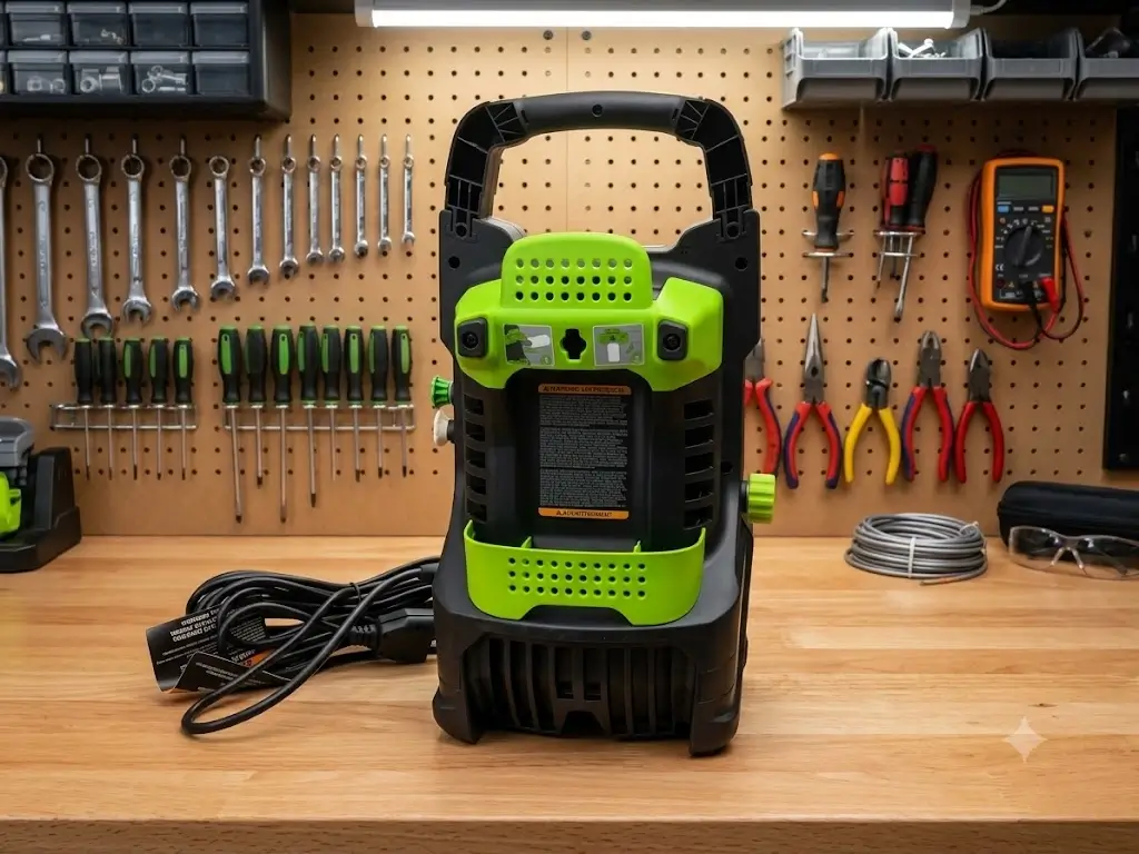 Back view of Greenworks 1600 PSI showing GFCI power cord wrap hooks