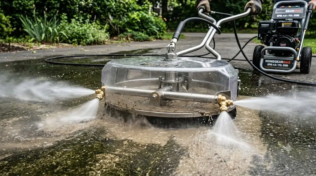 Pressure washer surface cleaner dual rotating nozzles requiring sufficient GPM flow