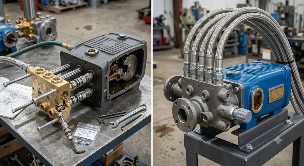 Industrial machinery pump and brass manifold assembly