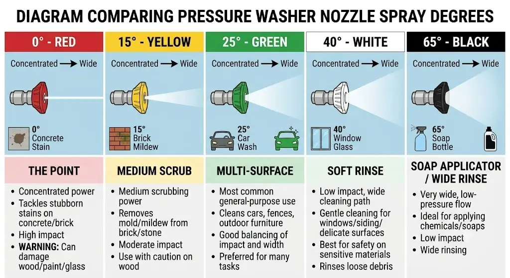 Pressure washer nozzle spray degree comparison diagram