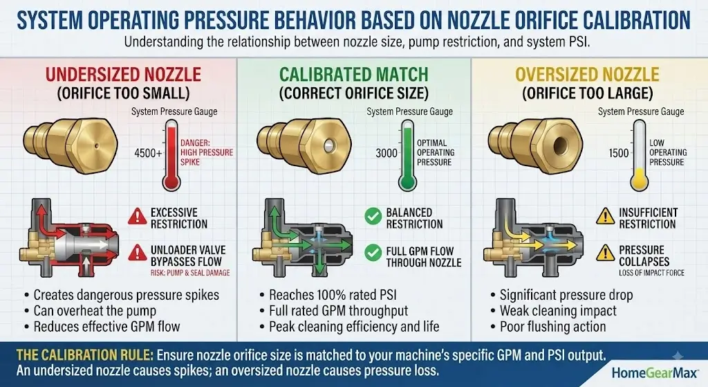 System operating pressure behavior based on nozzle orifice calibration.
