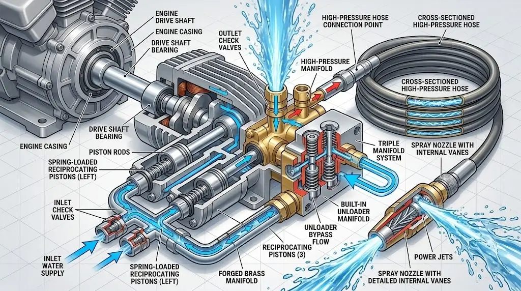 Complete Pressure Washer Power Chain from Engine to Pump and Nozzle