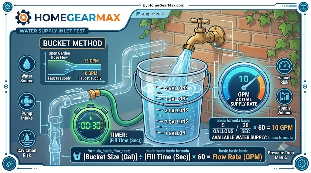 Testing garden hose faucet water supply flow rate with a measuring bucket
