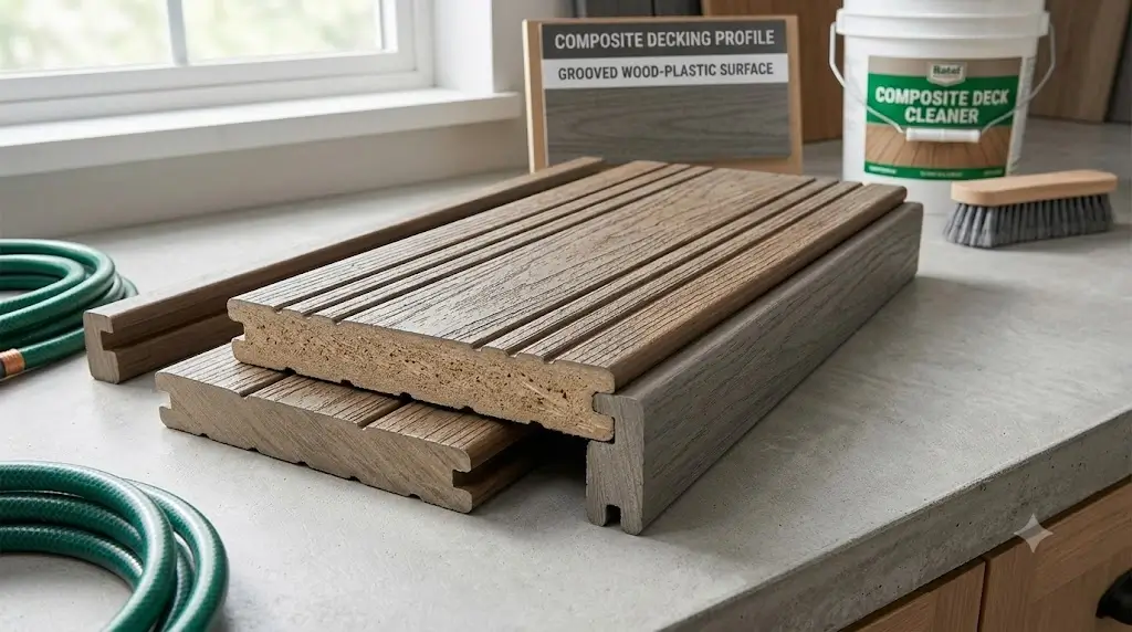 Composite decking board profile with grooved wood-plastic surface