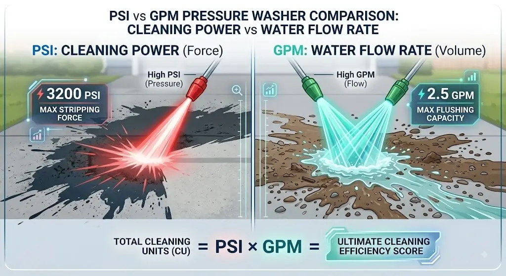 PSI vs GPM Explained: Cleaning Power Math & Buying Guide 2 PSI vs GPM pressure washer cleaning power and water flow rate comparison