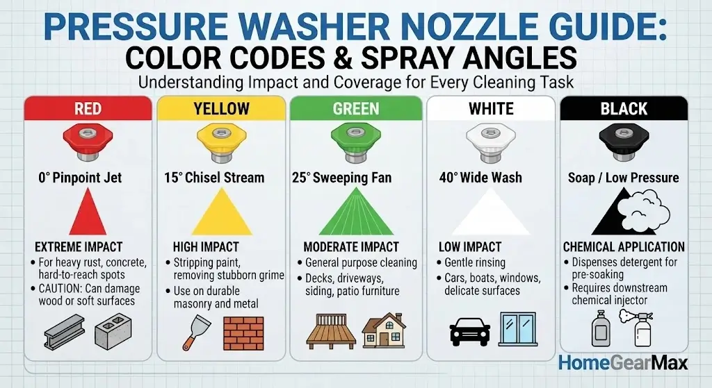 Pressure washer nozzle color conventions, spray angles, and primary functional roles.