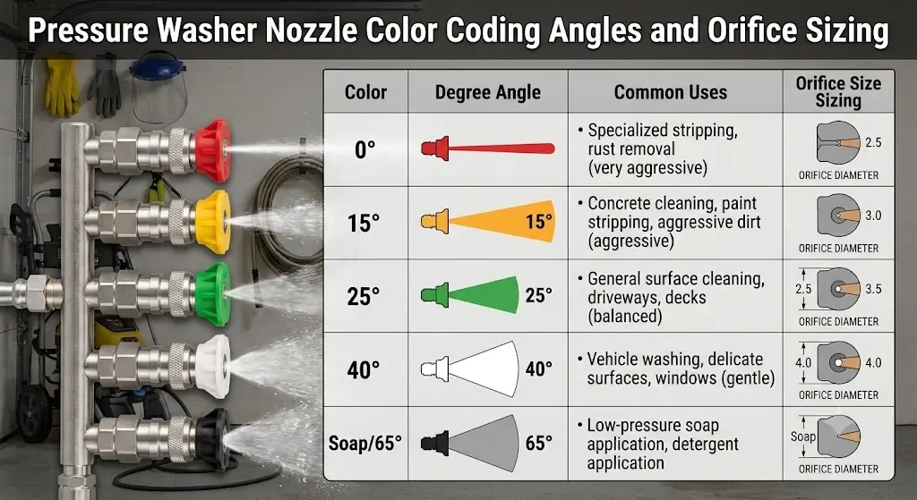 Pressure washer nozzle color coding angles and orifice sizing chart