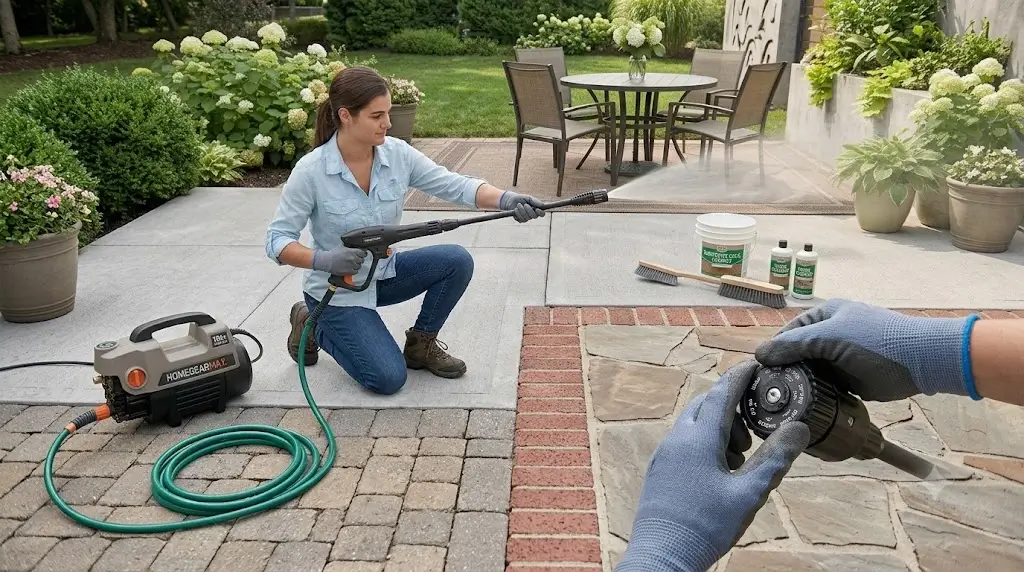 Scrubbing patio surface with a stiff bristle brush and detergent