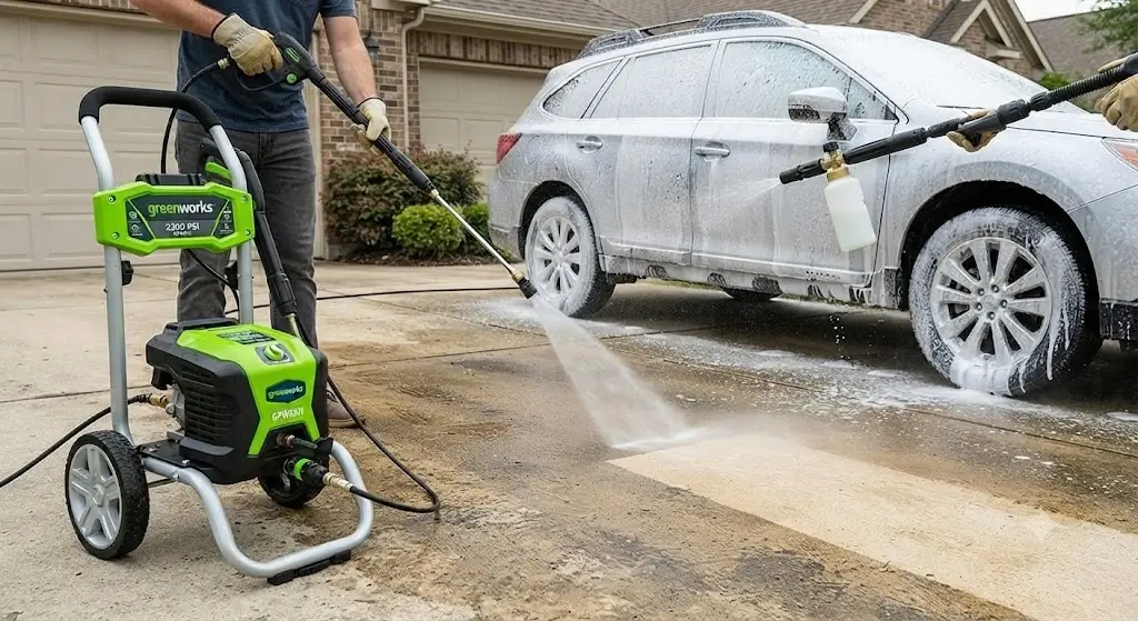 Greenworks 2300 PSI Electric Pressure Washer Review 4 Cleaning vehicle and concrete surface using Greenworks 2300 PSI electric pressure washer with foam cannon and spray wand
