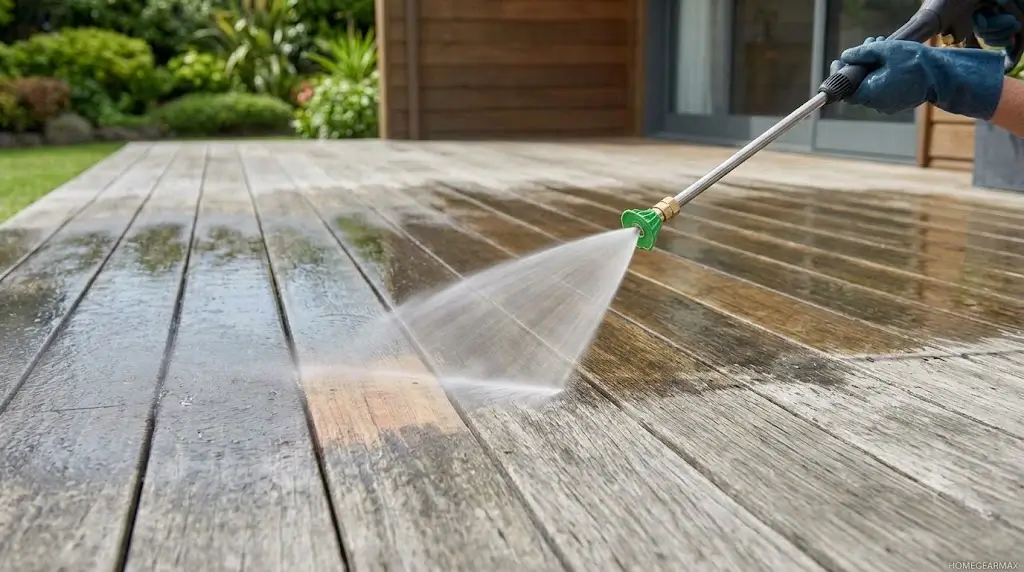 Cleaning deck boards with a wide fan pressure washer spray