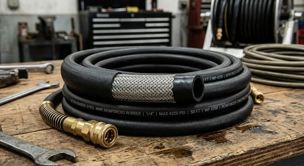 Steel wire braided rubber pressure washer hose with reinforced construction