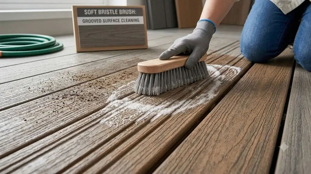 Scrubbing composite deck boards using a soft bristle brush