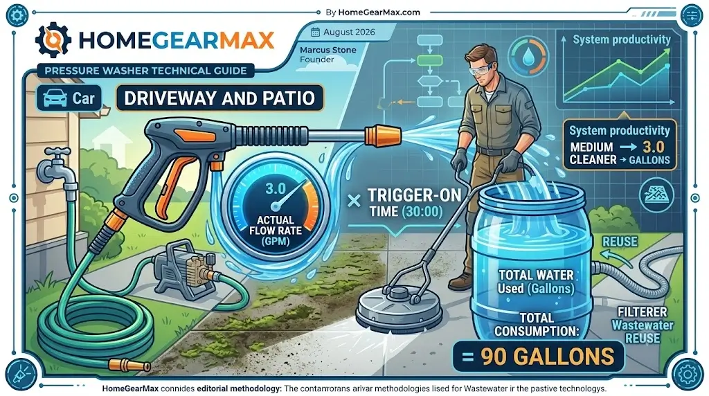 Pressure washer surface cleaner attachment in action on a concrete patio