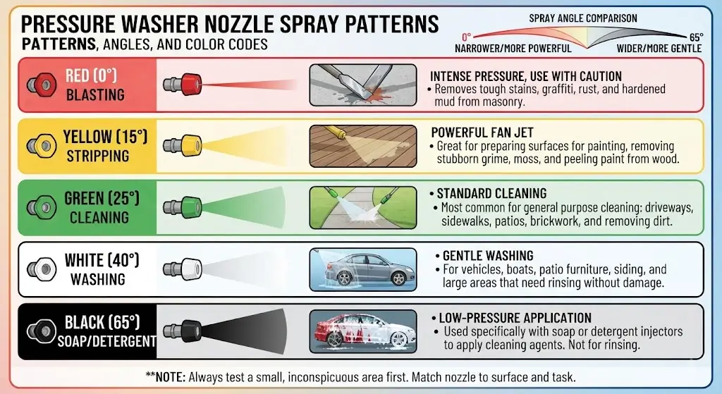 Pressure washer nozzle spray patterns, angles, and color codes chart
