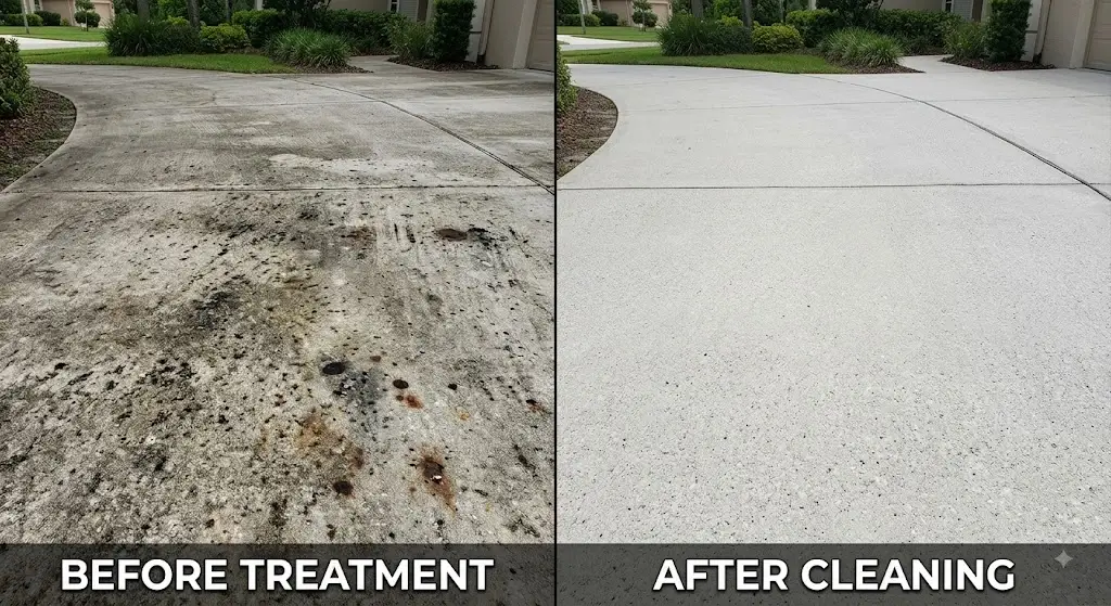 Concrete driveway before and after cleaning treatment showing deep pore stain extraction