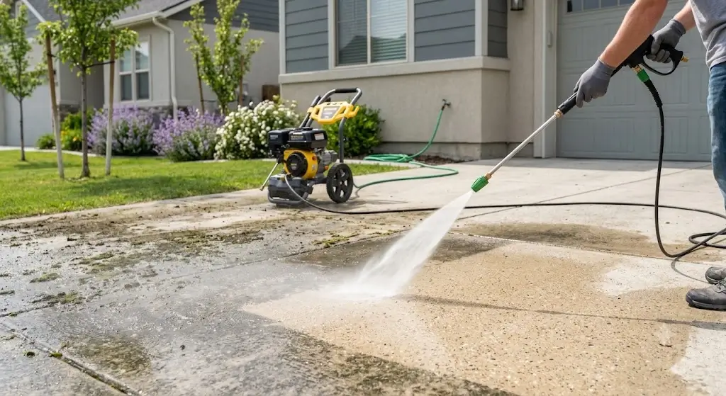 Pressure washer spraying concrete driveway surface