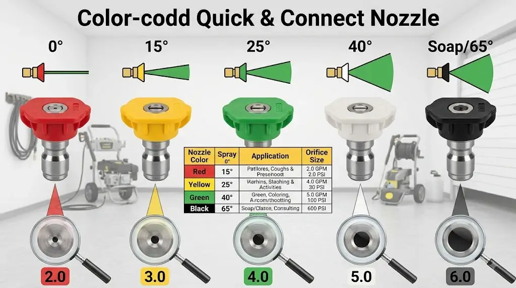 PSI vs GPM Explained: Cleaning Power Math & Buying Guide 4 Pressure washer color coded quick connect nozzles showing degree spray patterns and orifice sizing