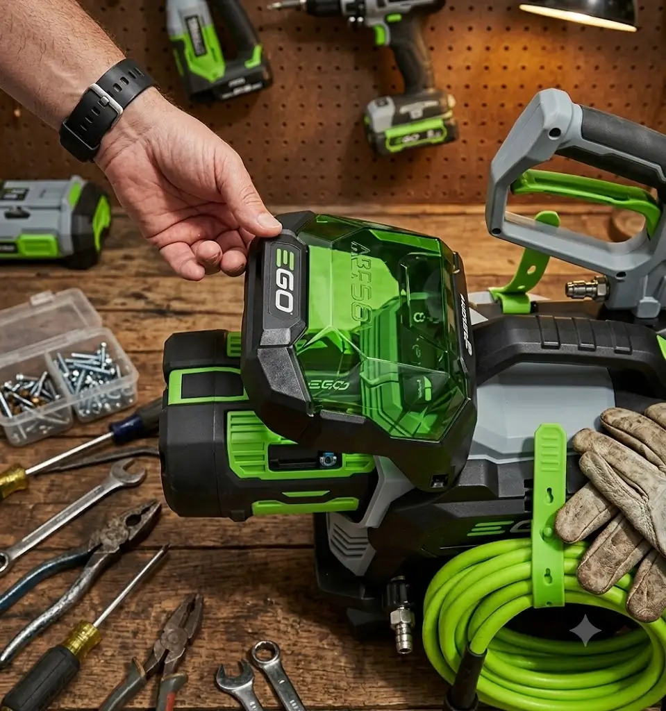 Close-up view of the EGO 2100 PSI pressure washer showing the compact housing and sealed cover