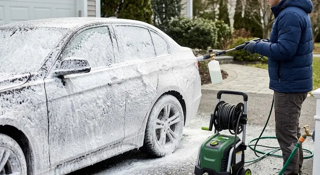 Electric pressure washer generating thick shaving-cream foam density using a foam cannon attachment on a sedan