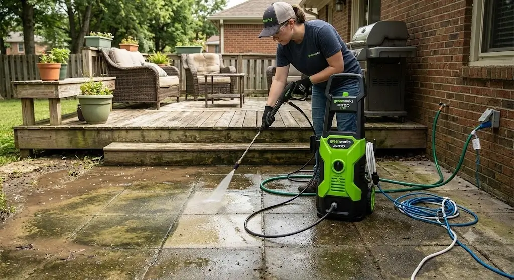 Greenworks 2200 PSI electric pressure washer review testing on outdoor patio