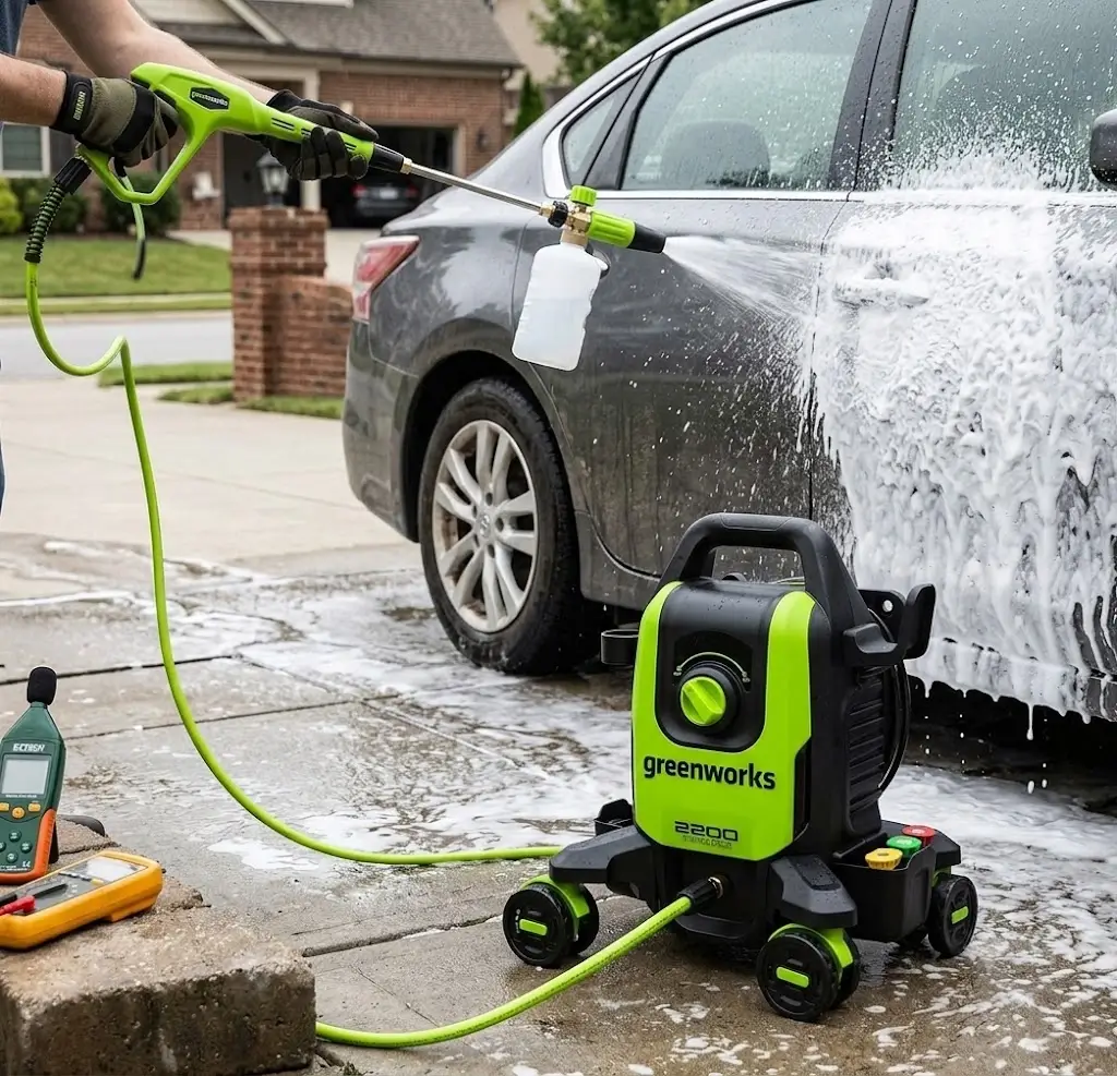 Greenworks 2200 PSI pressure washer washing a car with foam cannon