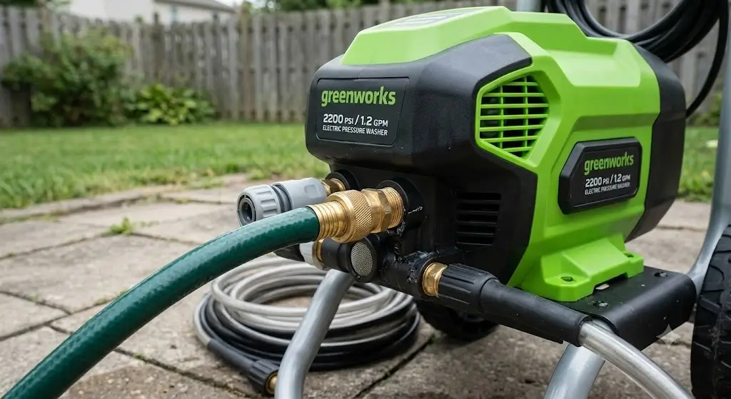 Greenworks 2200 electric pressure washer motor housing and garden hose hookup