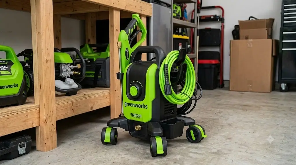 Greenworks 2200 pressure washer folded down for garage storage