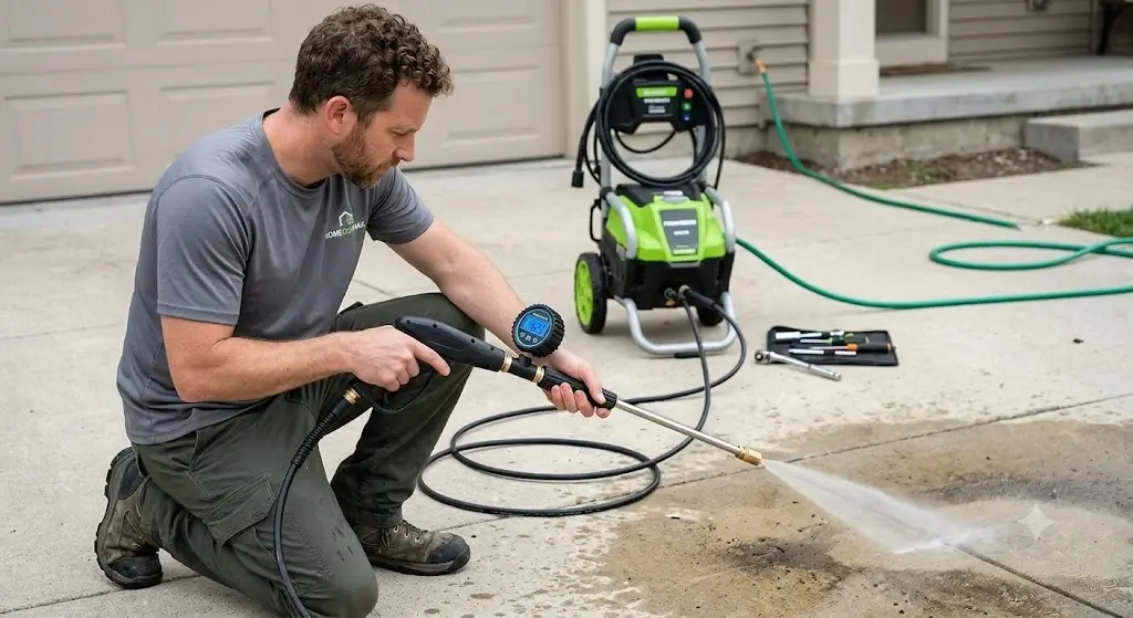 Marcus Stone testing electric pressure washer working PSI using an inline pressure sensor gauge