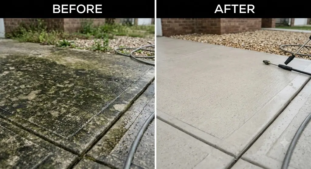 Side-by-side comparison of dirty algae concrete driveway before and after cleaning with an electric pressure washer