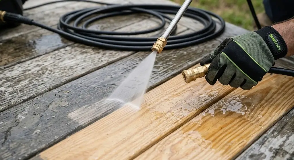 Testing Greenworks 2200 pressure washer spray wand on wooden deck