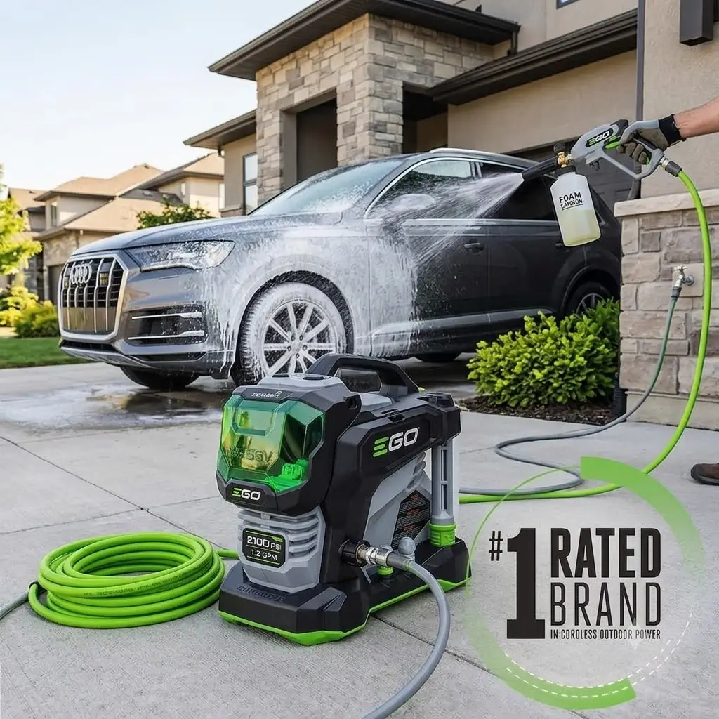 Washing a modern SUV vehicle using the EGO 2100 PSI pressure washer attached with a foam cannon accessory