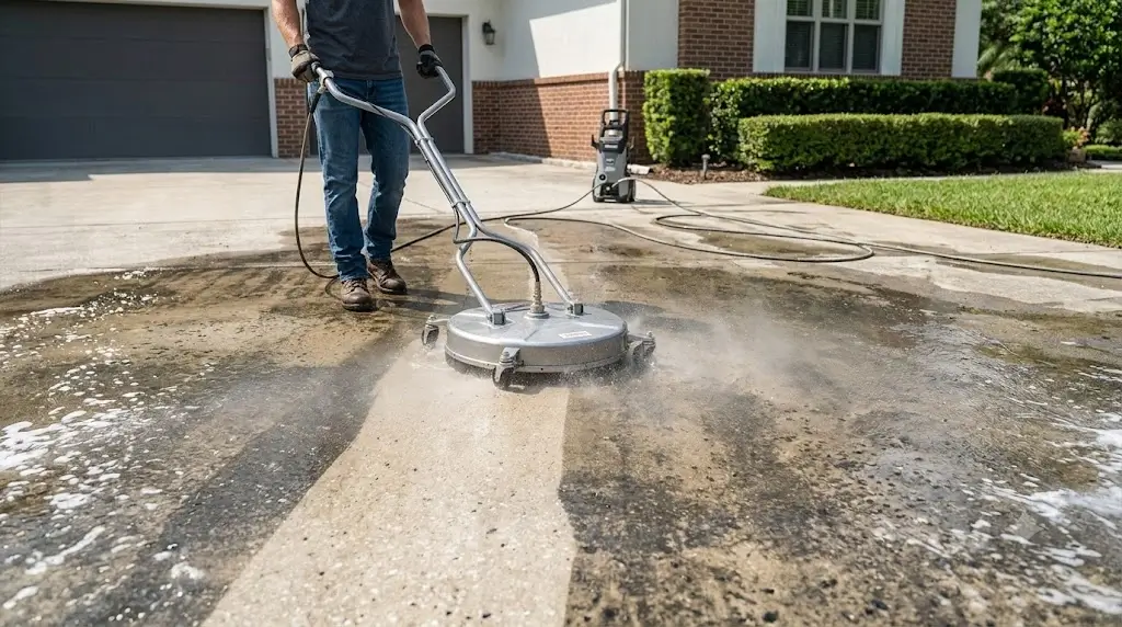 Cleaning Concrete Driveway with Pressure Washer Surface Cleaner