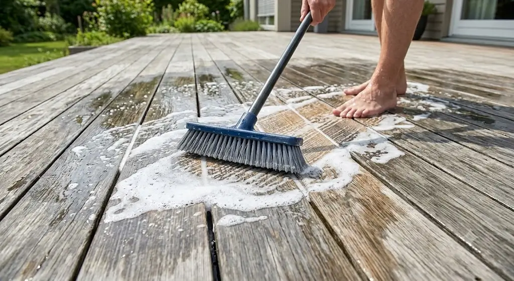 Scrubbing soapy deck cleaner on wood boards with a deck brush