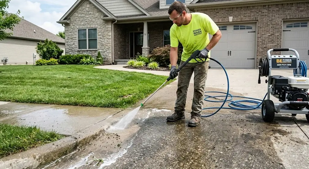 Operator pressure washing a concrete driveway with a spray wand for edge detailing and flushing