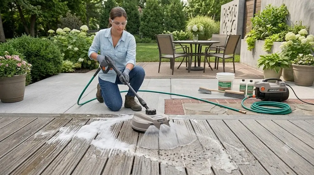 Pressure washer surface cleaner attachment cleaning a concrete slab