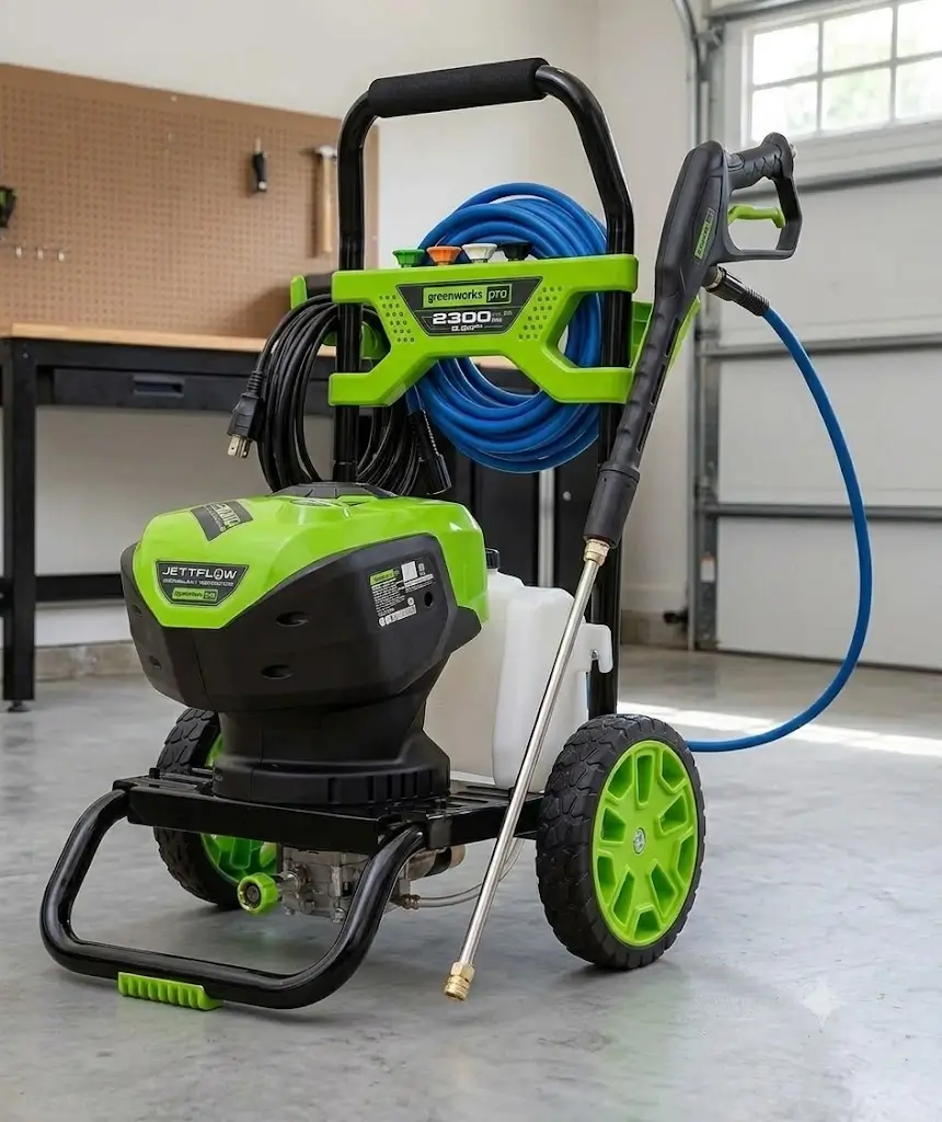 Greenworks 2300 PSI Electric Pressure Washer Review 2 Greenworks 2300 PSI Electric Pressure Washer open frame cart with hose and spray wand