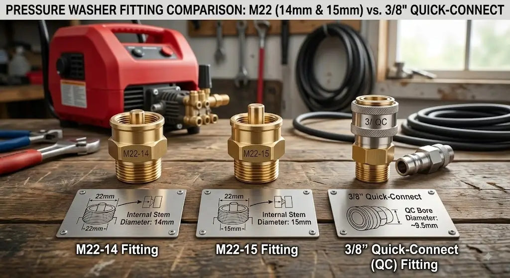 M22-14, M22-15 and 3/8-inch quick-connect pressure washer fittings
