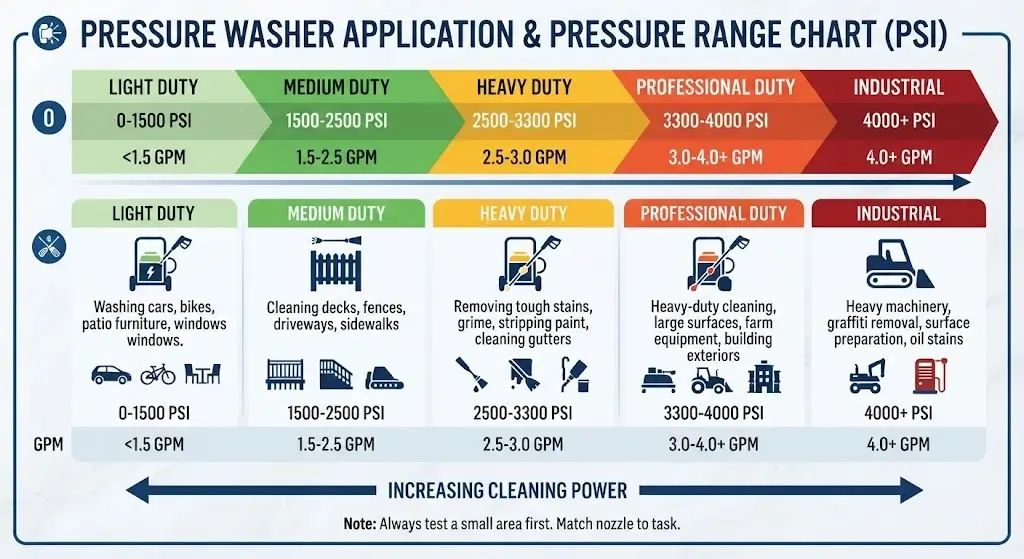 Pressure range and application chart for pressure washers