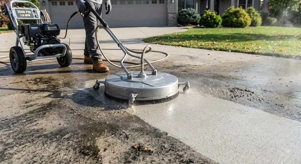 Rotary surface cleaner attachment cleaning a concrete surface uniformly without zebra striping