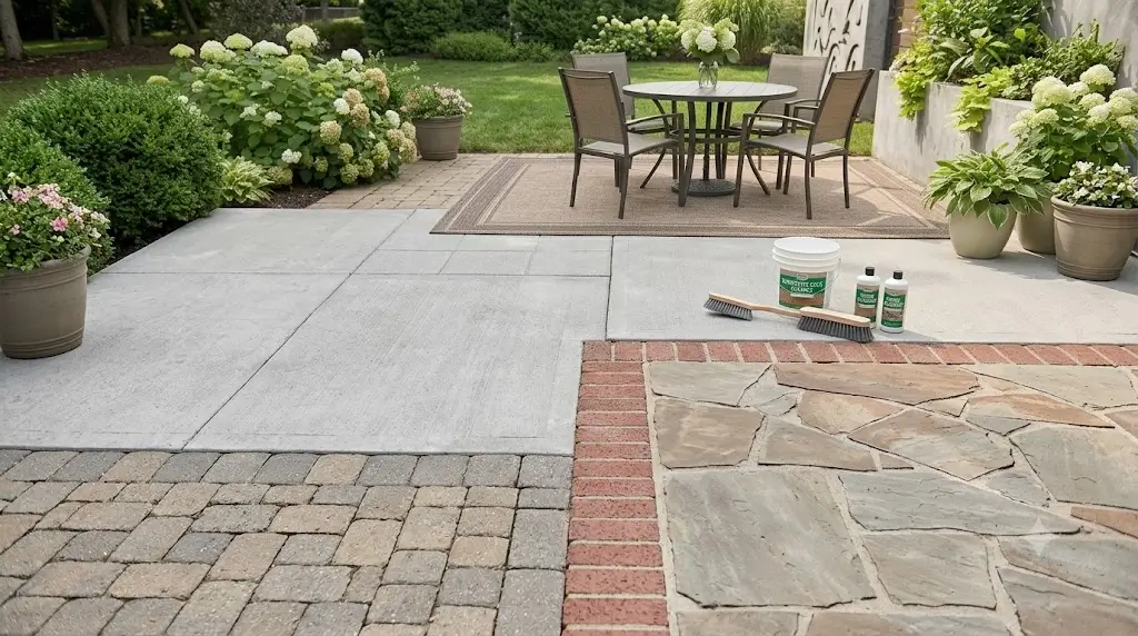 Different patio surfaces including concrete pavers, natural stone, and brick