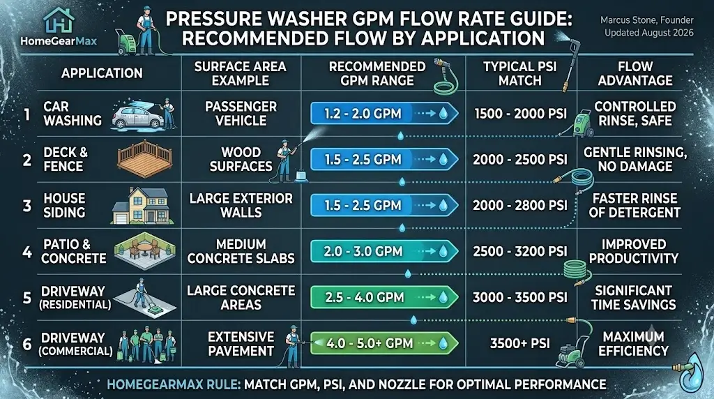 Pressure washer GPM flow rate chart by cleaning surface application