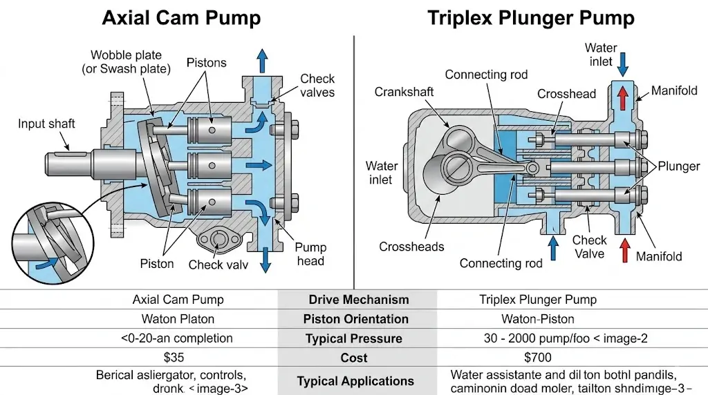 PSI vs GPM Explained: Cleaning Power Math & Buying Guide 3 Axial cam pump vs triplex plunger pump internal engineering diagram