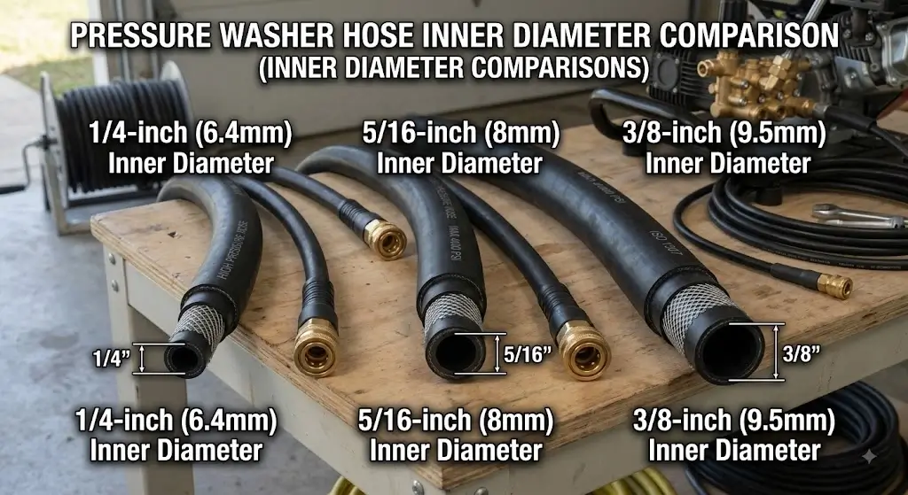 Pressure washer hose inner diameter comparison showing 1/4, 5/16, and 3/8-inch hose sizes
