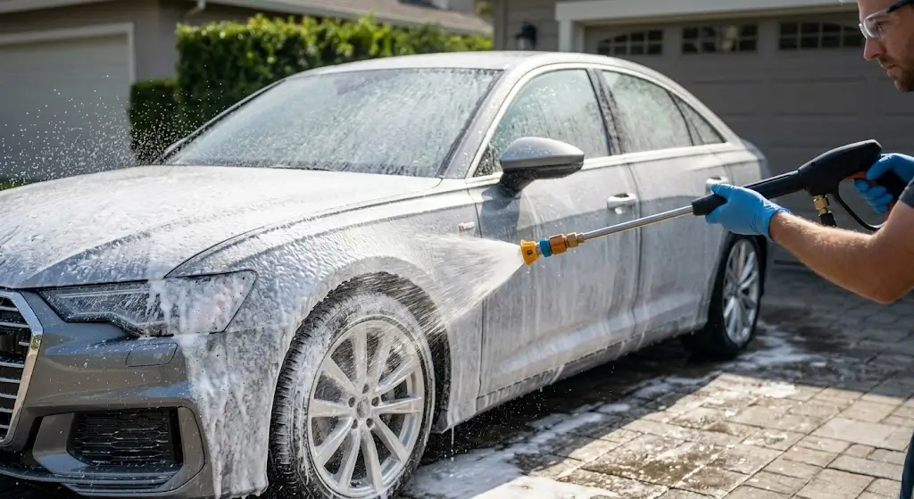 Pressure Washing a Car with Wide Fan Nozzle