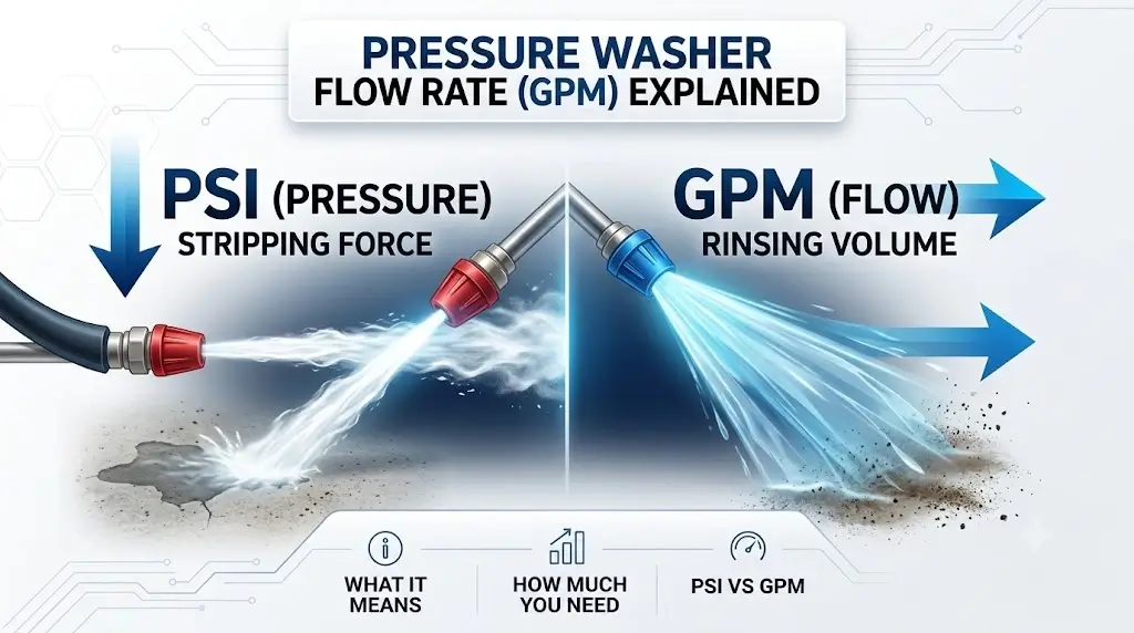 Pressure Washer Flow Rate Guide: GPM Explained, Sizing & Formulas 1 Pressure Washer Flow Rate Guide: GPM Explained, Sizing & Formulas