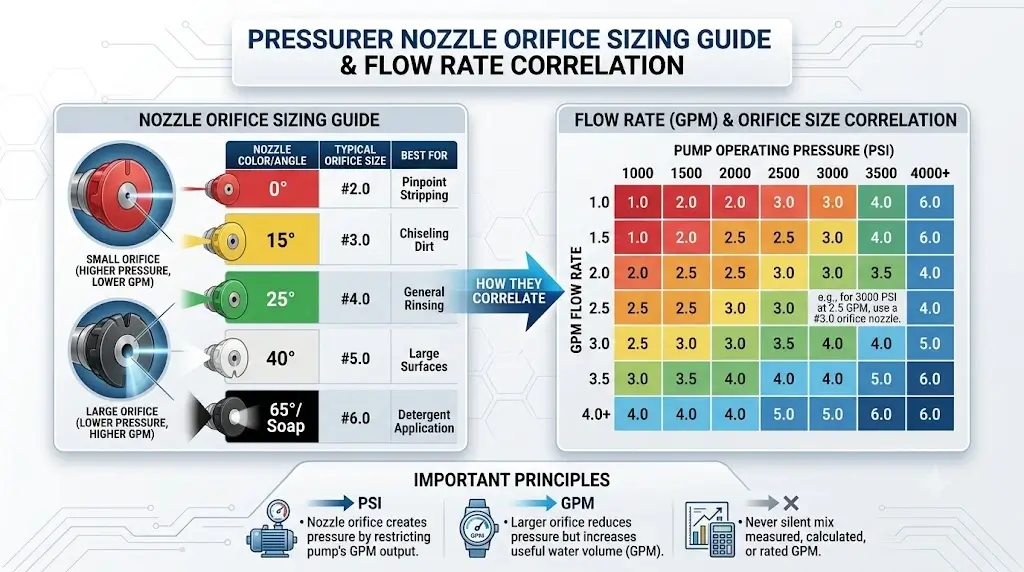 Pressure Washer Flow Rate Guide: GPM Explained, Sizing & Formulas 3 Pressure washer nozzle orifice sizing guide and flow rate correlation